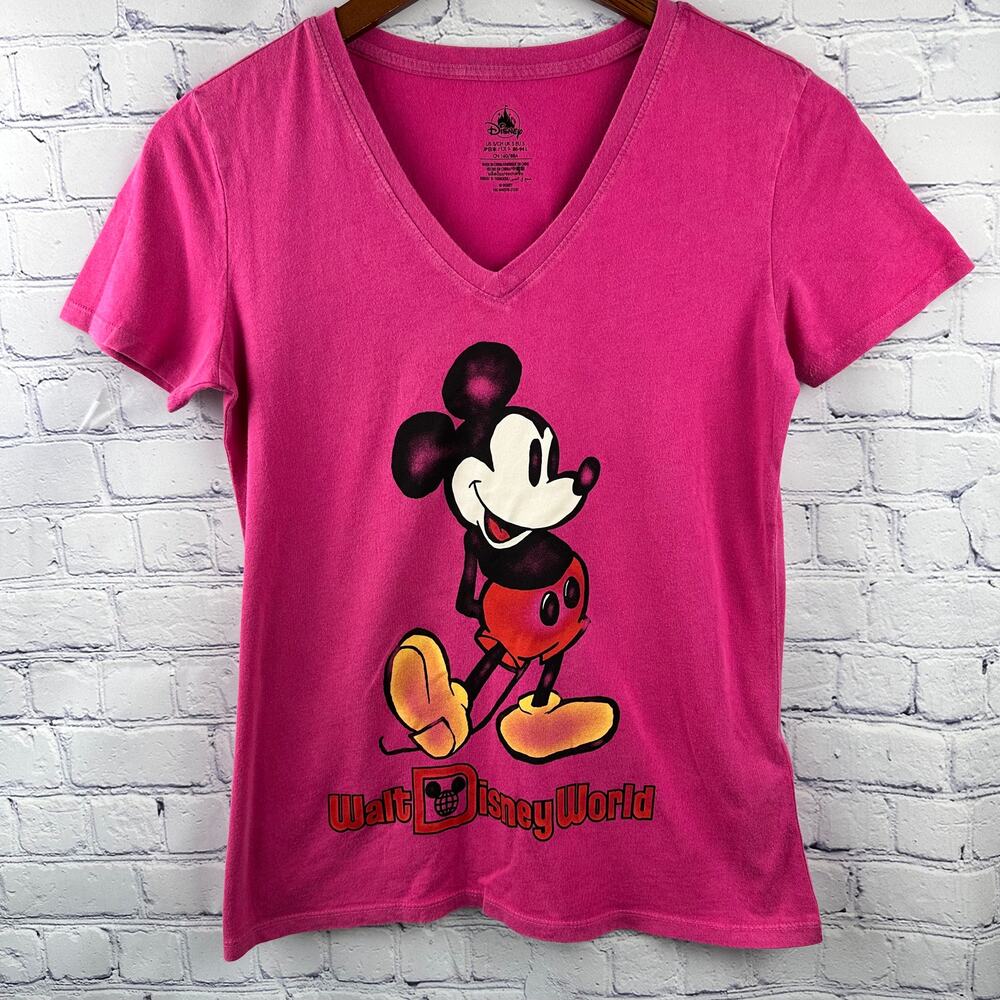 NWOT Walt Disney World Mickey Mouse Pose Vintage Wash VNeck Shirt Pink - Small